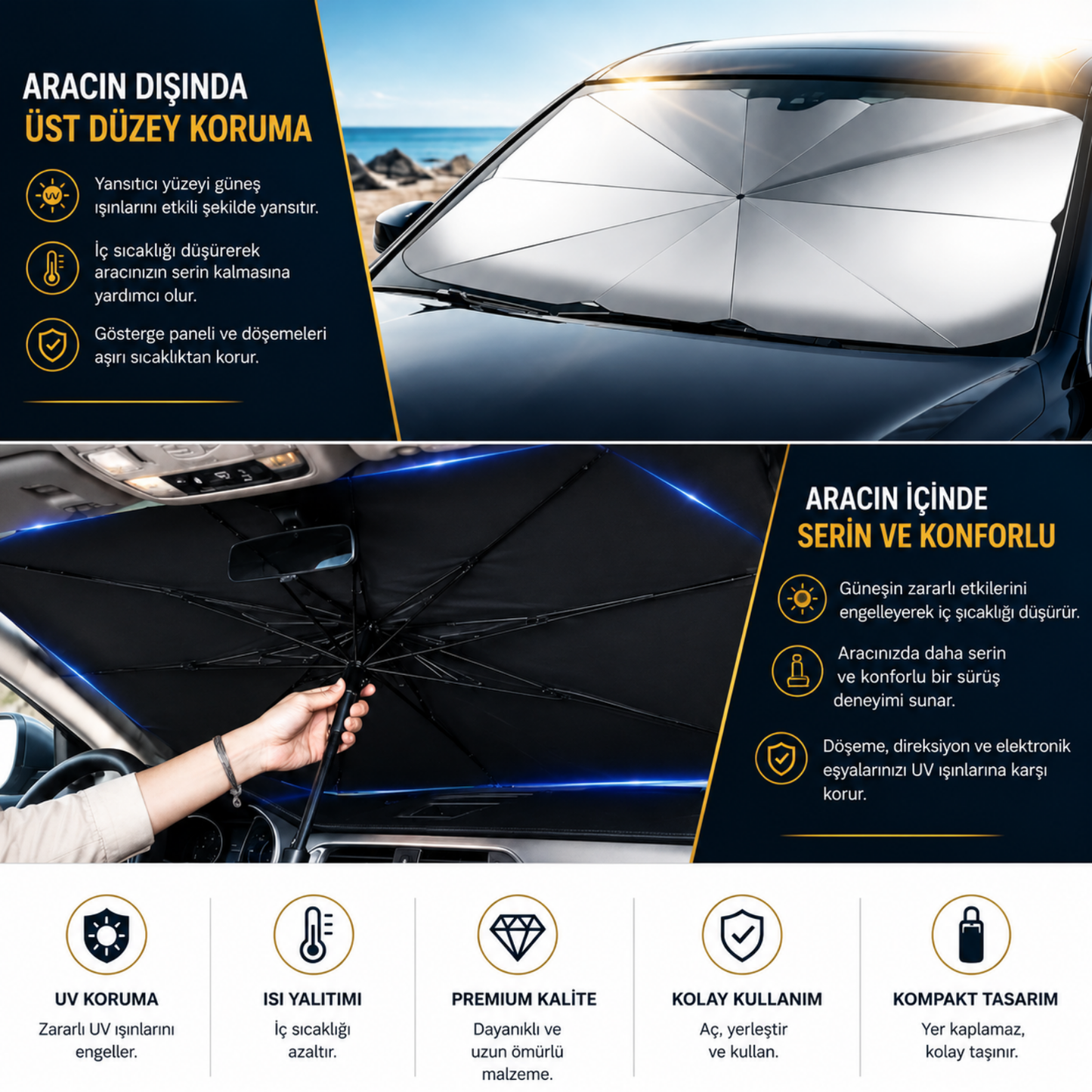 Premium Güneşlik | Araç Ön Cam Güneş Şemsiyesi